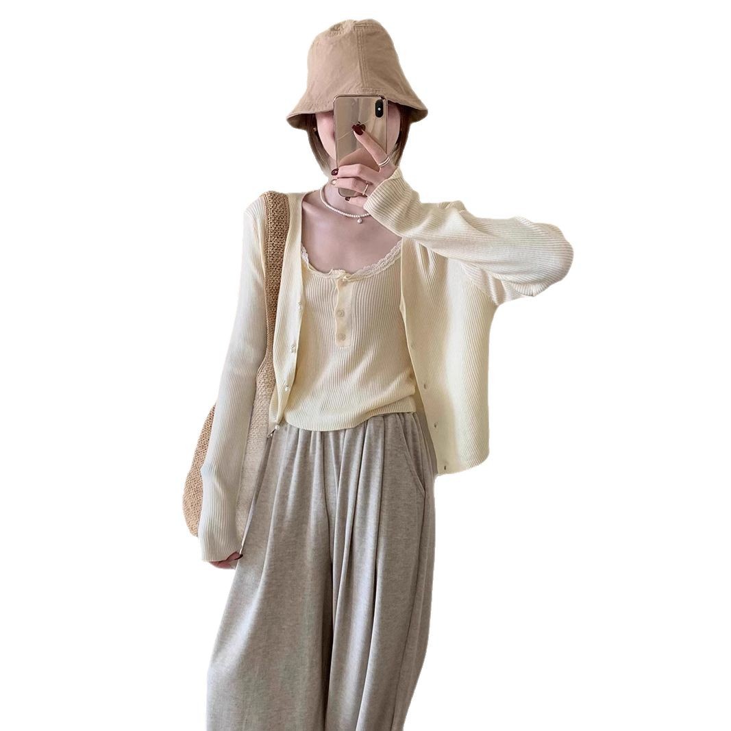 Lace halter two-piece fine wool top spring new sweet and elegant simple style knitted sweater women's set Item Picture