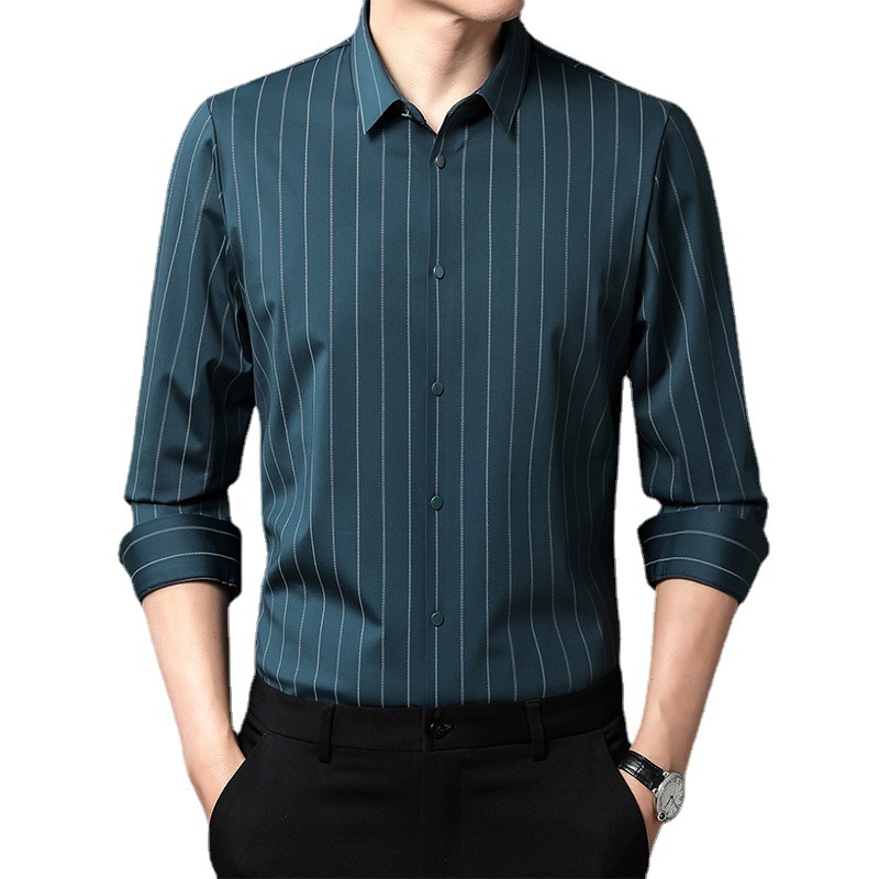 轻奢无痕四面高弹力衬衫男长袖锦氨免烫压胶条纹格子垂直感外贸男
