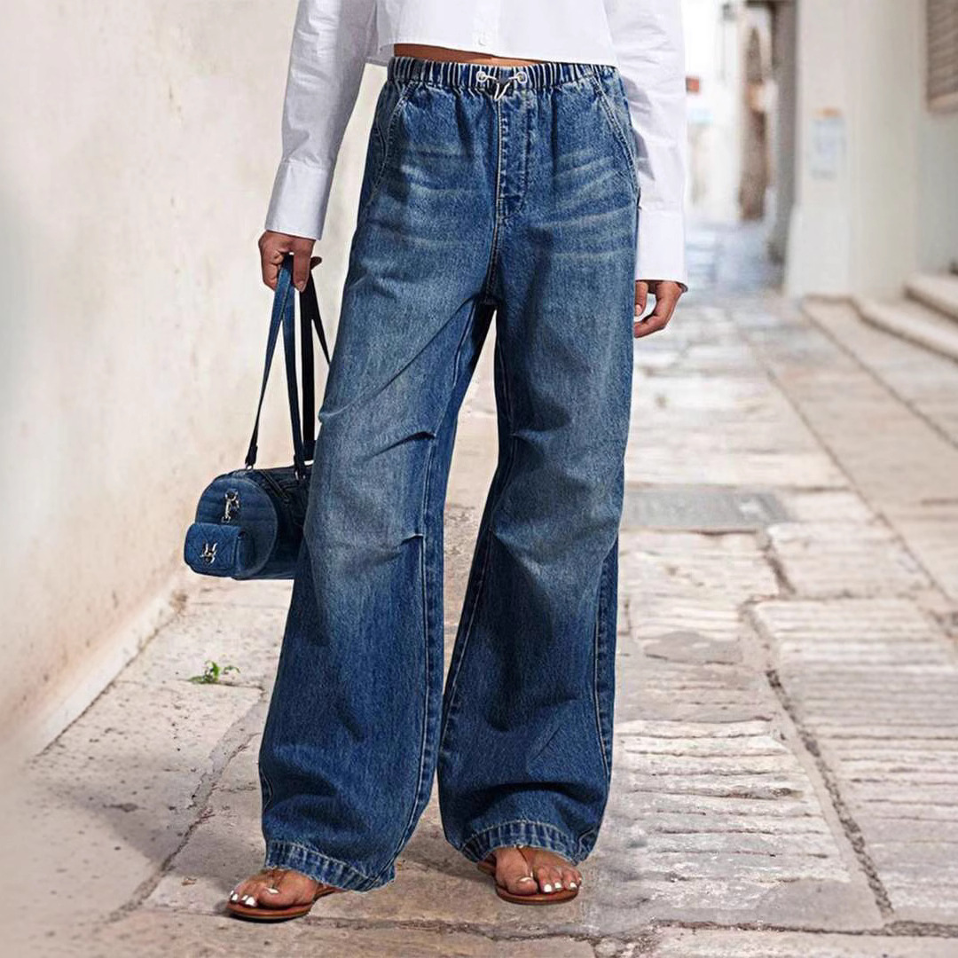 Spring 2025 new European and American cross-border mid-waisted wide-leg pleated loose jeans for women's wear, street retro straight-leg pants