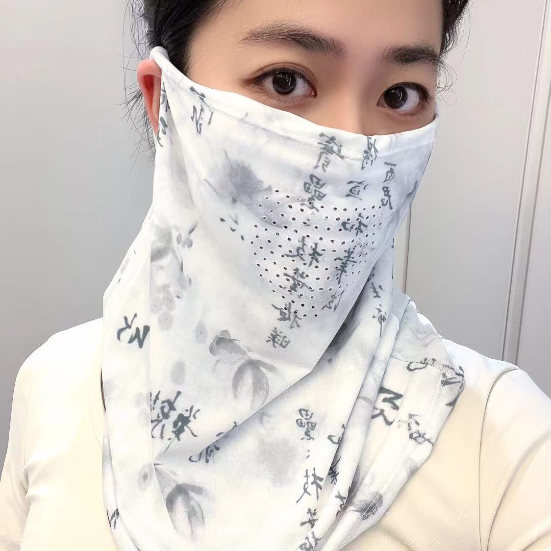 Summer sun protection and shading face mask, women's Chinese-style outdoor full-face neck protection and neck wrap, one-piece ice silk ear-hanging neck cover details Picture