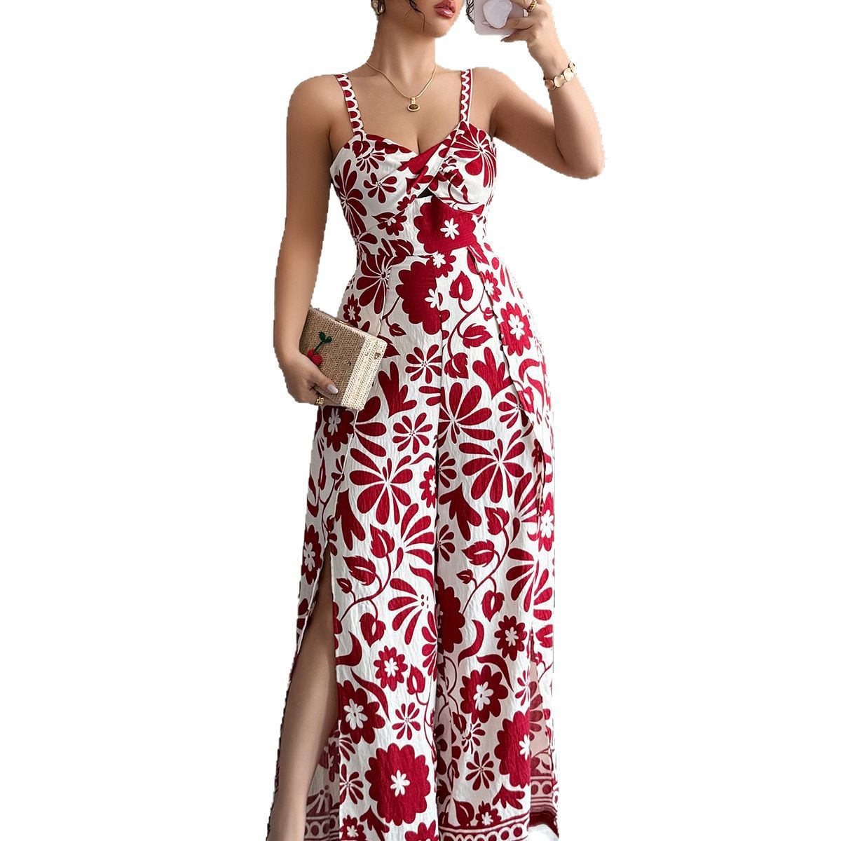 Di Yun's European and American cross-border 2025 Spring/Summer elegant and stylish twist-printed small halter wide-leg one-piece long pants women's clothing Item Picture