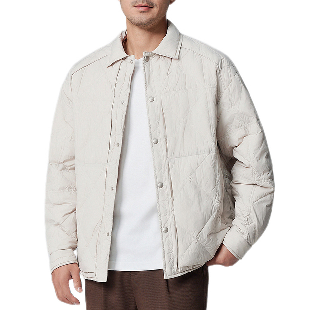 Momek Men's simple lapel down jacket for men 2024 Winter New Style Light and thin faux two-piece men's coat 88622 Item Picture