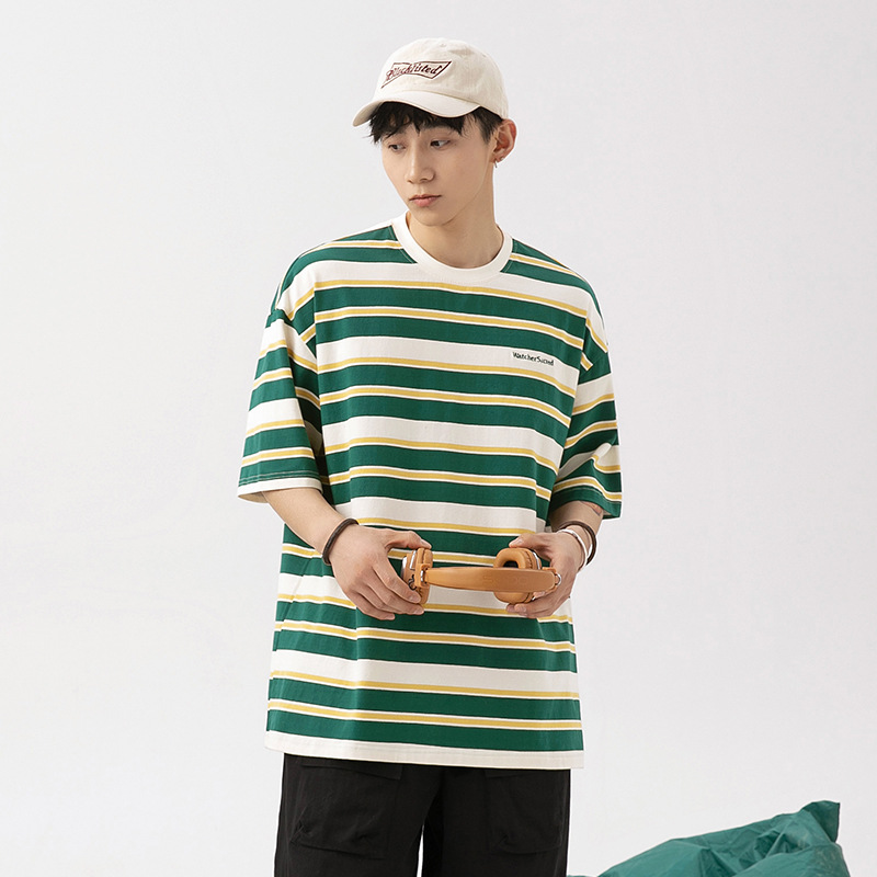 Hanlu men's retro striped short-sleeved T-shirt, men's summer couple wear, women's loose letter-embroidered trendy brand T-shirt