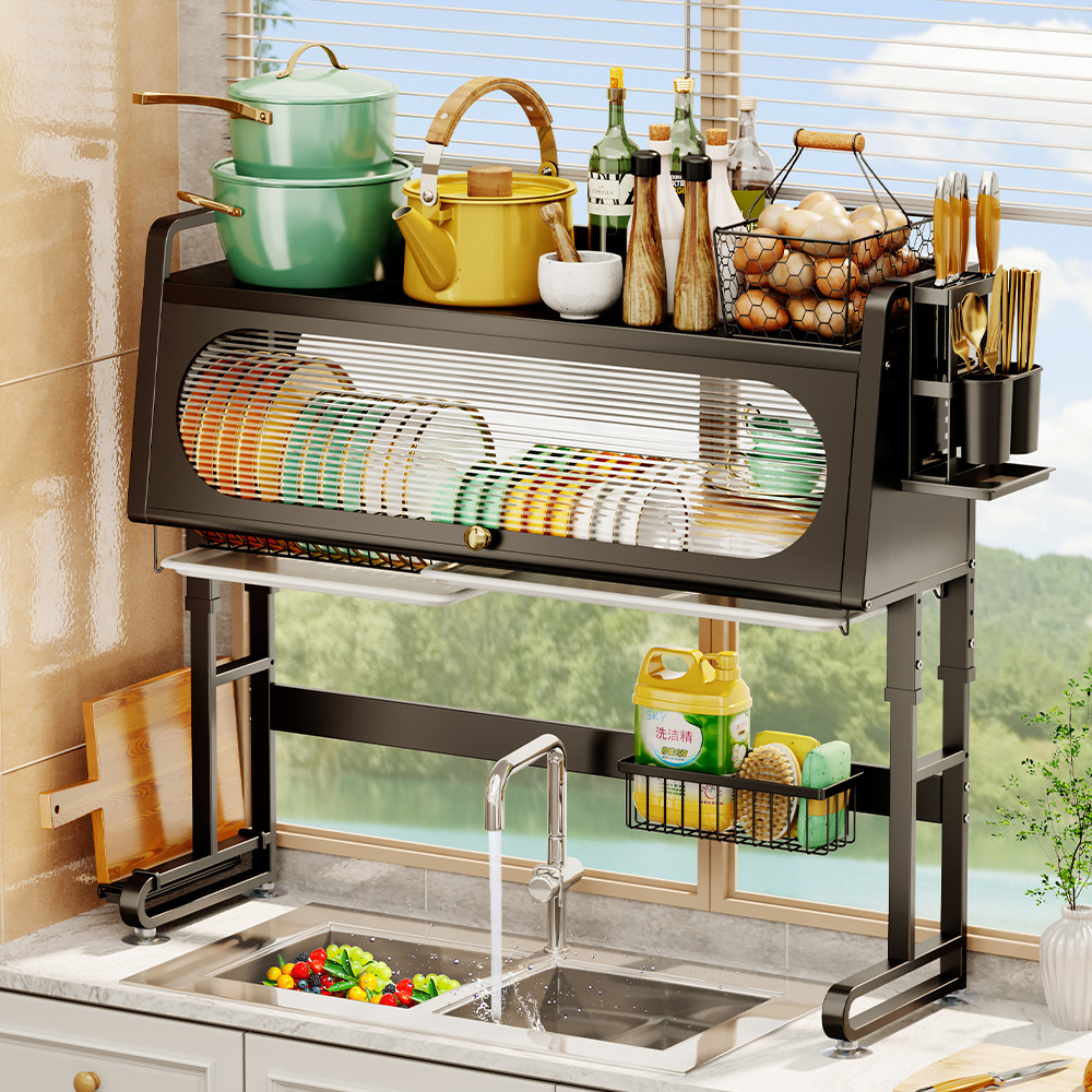 厨房水槽置物架带柜门台面碗碟沥水架收纳置物碗架可调节防尘碗盘