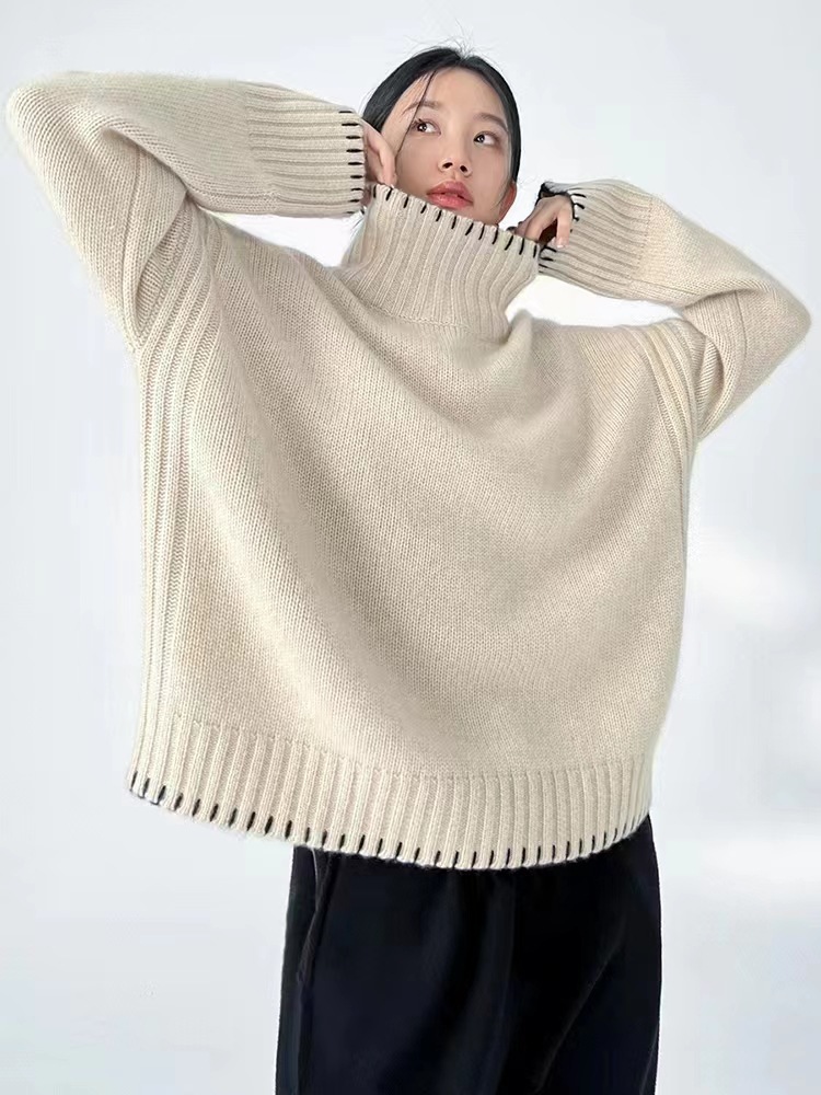秋冬款羊绒手工缝线时髦宽松慵懒风高领加厚针织套头羊毛衫外穿潮