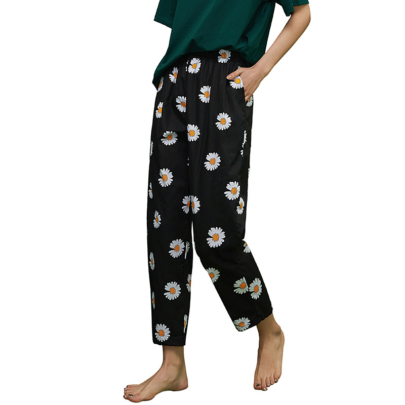 Summer Ladies Cotton Home Trousers Printed Pajama Trousers Floral Trousers Cropped Trousers Casual Loose Large Size With Pockets Item Picture