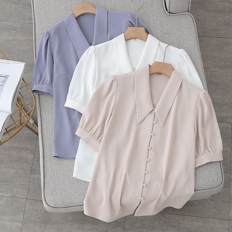 Chiffon short-sleeved shirt for women, a niche design with puffed sleeves, a French elegant shirt for women, a thin style for summer 2023