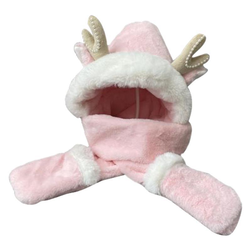 Warm hat for women, sweet and cute in autumn and winter. Winter cartoon antler ear protectors, scarf, gloves and hat three-piece set Item Picture