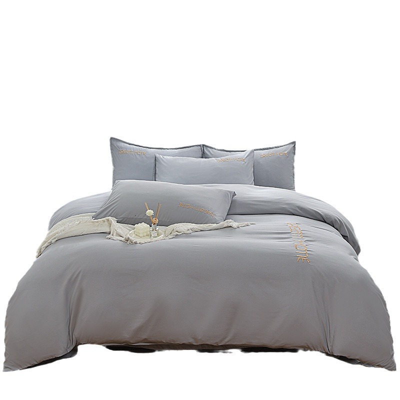 Light luxury solid color double-piece embroidered washed cotton four-piece set, cotton quilt cover, bed sheet cover, quilt cover three-piece set, student dormitory bed cap Item Picture