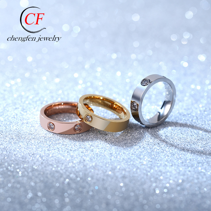 卡家同款六钻一字钛钢男女戒指 优雅气质镶钻不锈钢指环饰品定制图