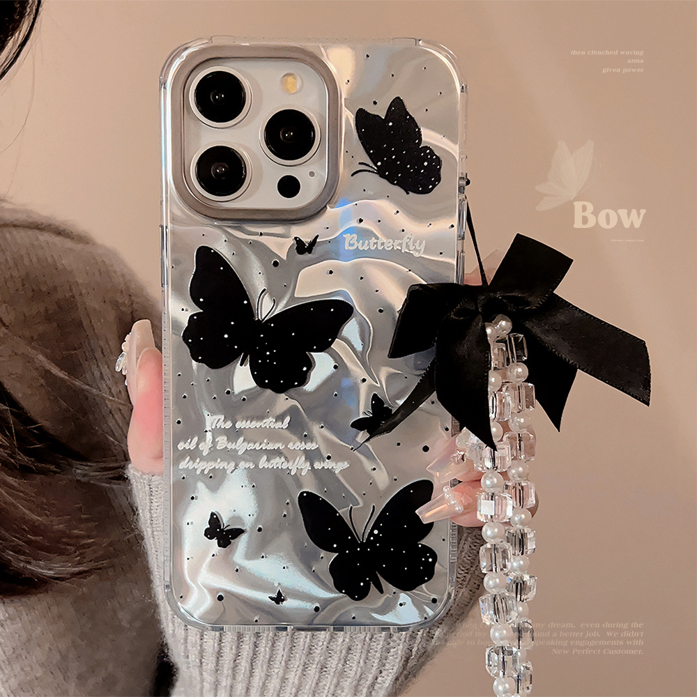 Water Ripple Black Butterfly 14ProMax iPhone 16 phone case for iPhone15, 12 chain 13 cool style