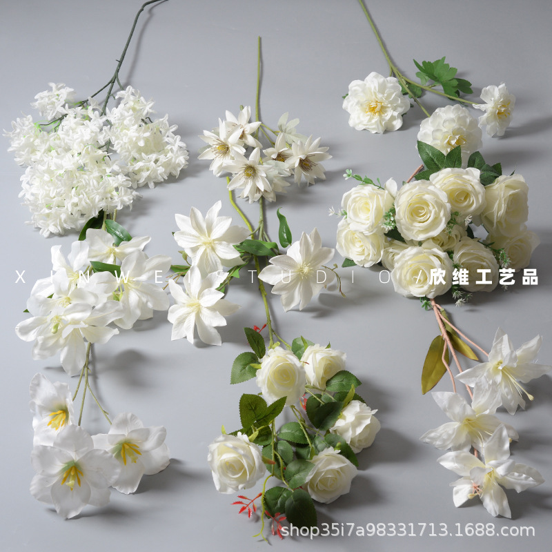 白色系婚庆仿真花材婚礼堂吊顶假花舞台地排花路引插花酒店装饰花