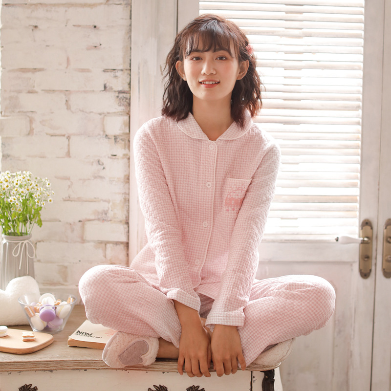 睡衣女新款纯棉空气层睡衣女士秋冬季长袖长裤开衫家居服套装