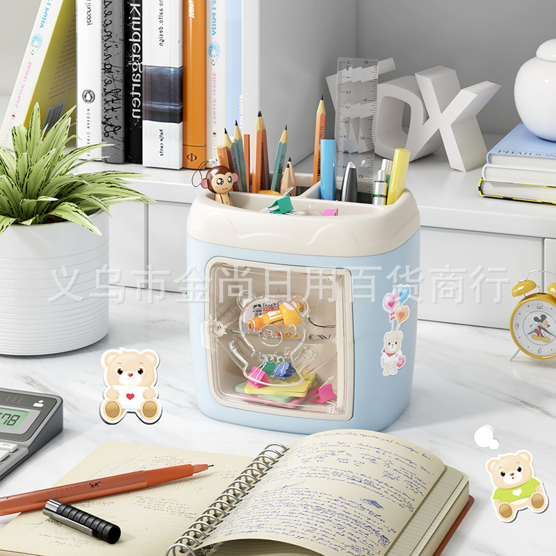 Office stationery storage bucket, multi-functional makeup brush storage box, cute student pen holder, large-capacity desktop home use Specification image
