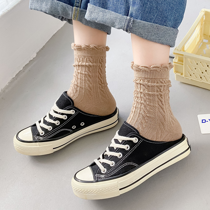 Lace socks, women's mid-calf socks, spring and autumn style, ins, trendy and cute Japanese solid color long socks, mid-calf cotton socks, JK white Specification image