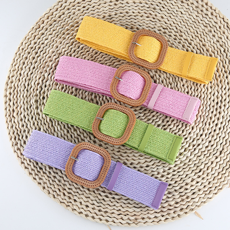 Korean Version Of Cotton And Linen Wind Pp Grass Woven Belt Female Personality Round Square Buckle Dress Gown Decoration Belt Wholesale
