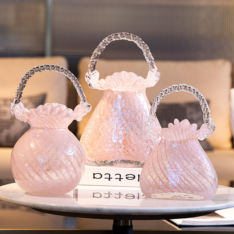 粉色浪花提手水培包包琉璃花瓶玻璃客厅样板房软装摆件餐桌装饰品详情图1