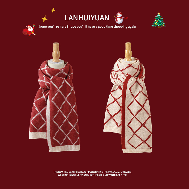 Christmas Red Knitted Scarf For Women Winter New Korean Version Of The New Year Checkered Bib Couple Warm Shawl For Men