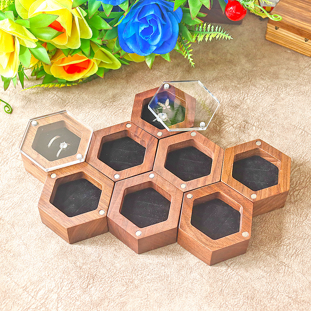 Acrylic glass cover magnetic black walnut wood couple ring box, engagement ring, diamond ring, transparent wooden packaging gift box, trendy for women Specification drawing