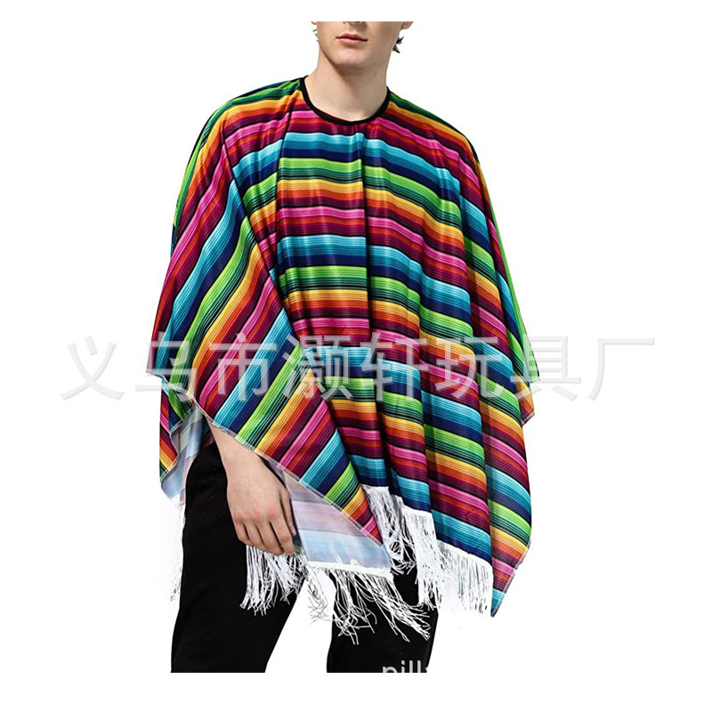 Mexican colorful striped cape fringe cape set festive non-woven lace hat beard cigar cape Specification drawing