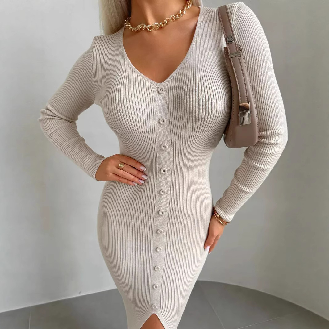 This is a new V-neck mid-length, slimming, slit, single-breasted, knitted, hip-hugging jumpsuit from Europe and America for the autumn and winter of 2025 details Picture