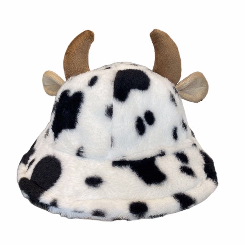 Horn Plush Fisherman Hat Female Autumn And Winter Warm Japanese Korean Version Of Cute Cow Print Basin Hat With Face Small Hat Item Picture