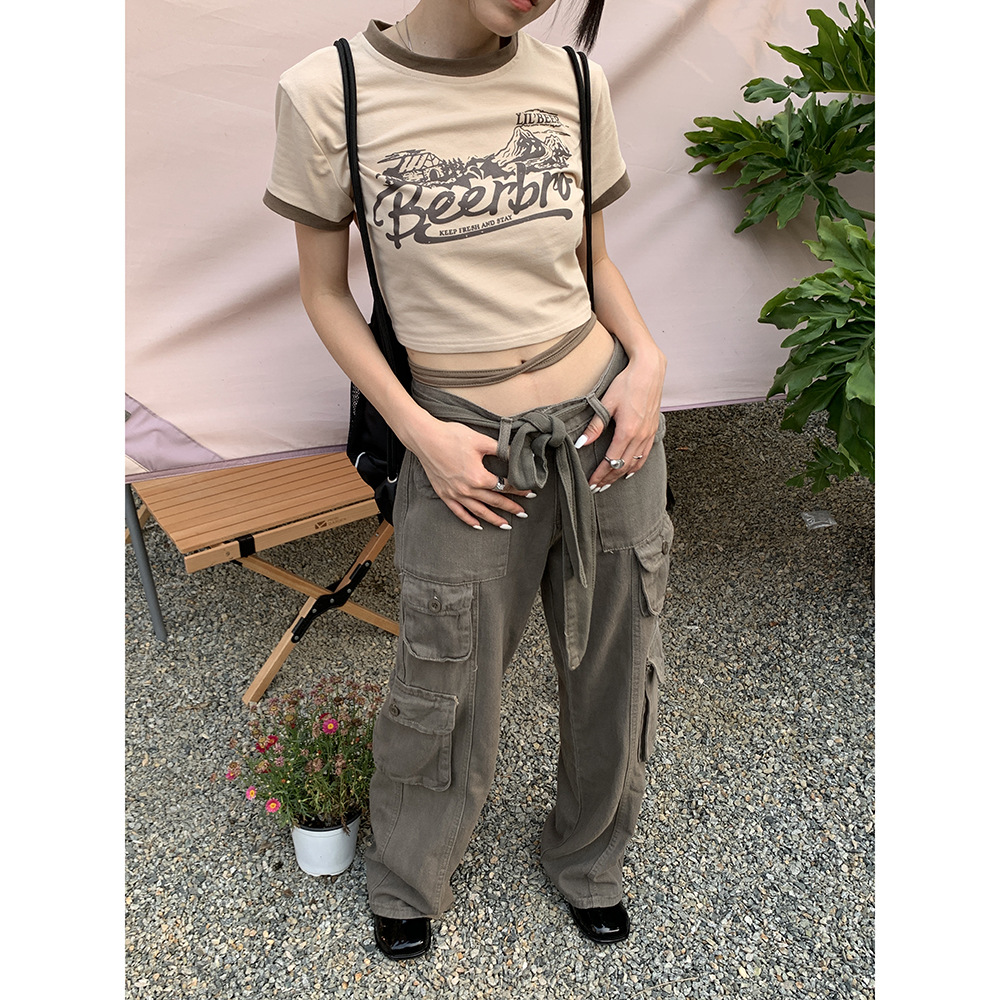 Denim is very busy. New trendy workwear pants with a stylish lace-up design for women Specification image