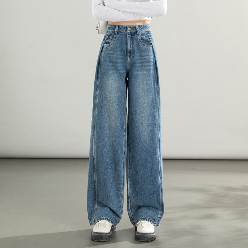 牛仔裤女阔腿裤2025年春创意气质大牌大码宽松高腰褶皱拖地裤8073