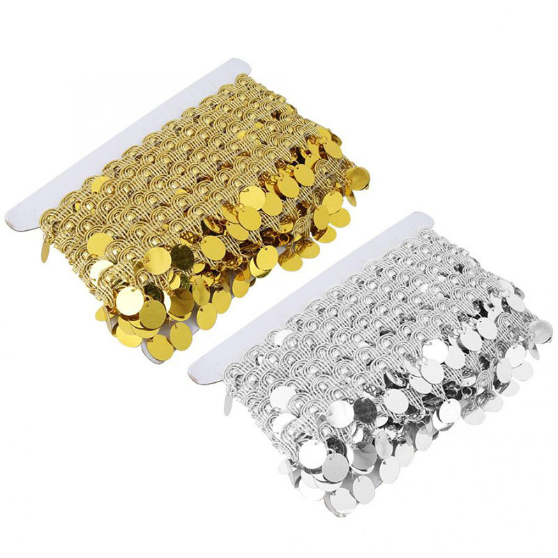 In stock: 3cm laser sequin lace, golden tassel lace, dance costume and accessory lace Item Picture
