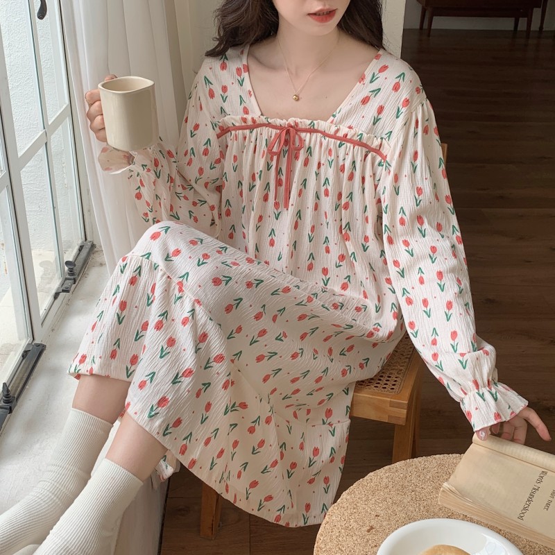 Women With Breast Pad Pajamas Spring And Autumn Long Sleeve Floral Cloth Loose Pregnant Women Long Nightdress Network Red Wind Homewear Winter Application Scenario