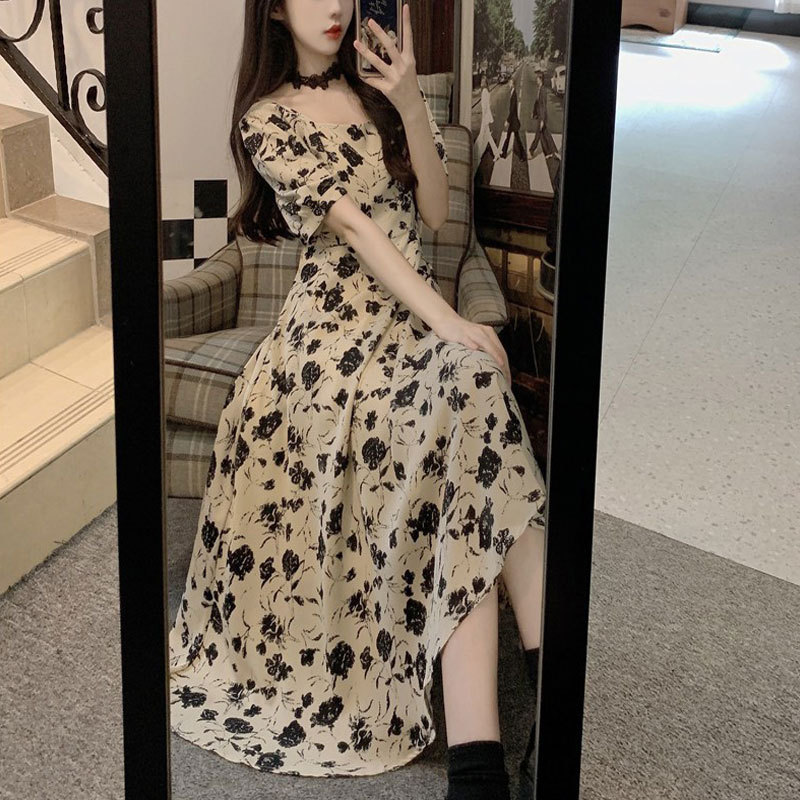 Nk Brown Khaki floral chiffon dress for women's Summer 2024 New Korean style fashionable waist-cinching and slimming A-line dress Specification image