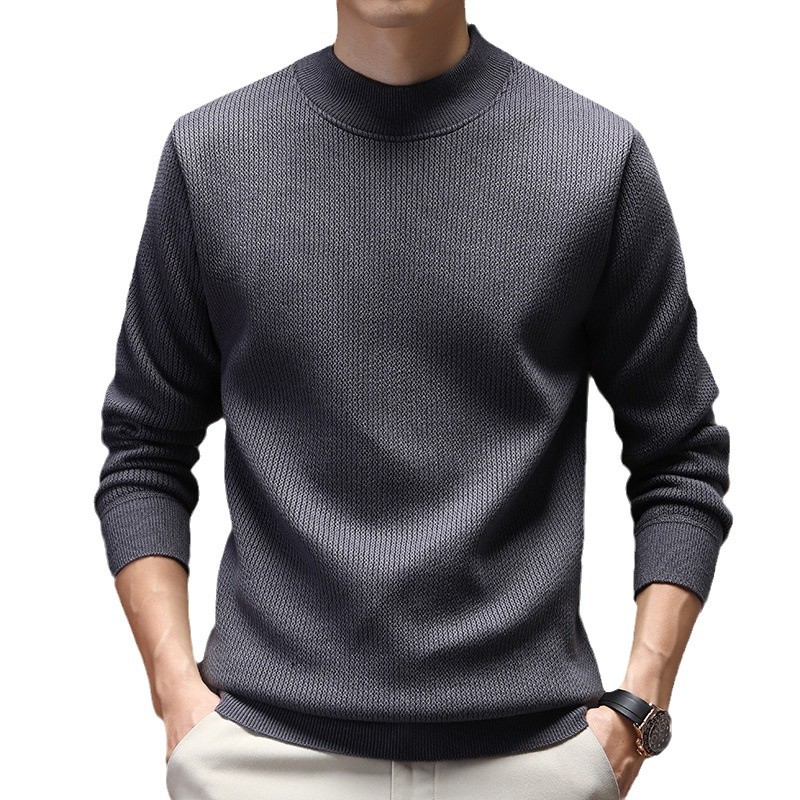 Wholesale of men's knitted sweaters with fleece for winter 2024, semi-high neck solid color, casual and warm base layer Item Picture