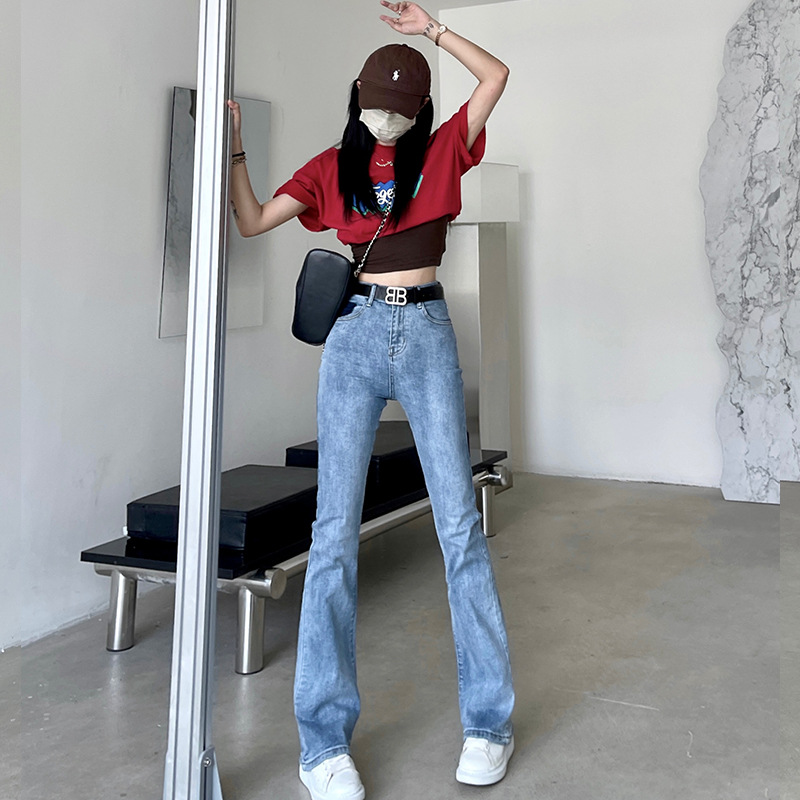 Trendy and hot girl jeans for women's autumn and winter, high-waisted, slimming, tight, elastic, slightly flared pants with a belt Item Picture