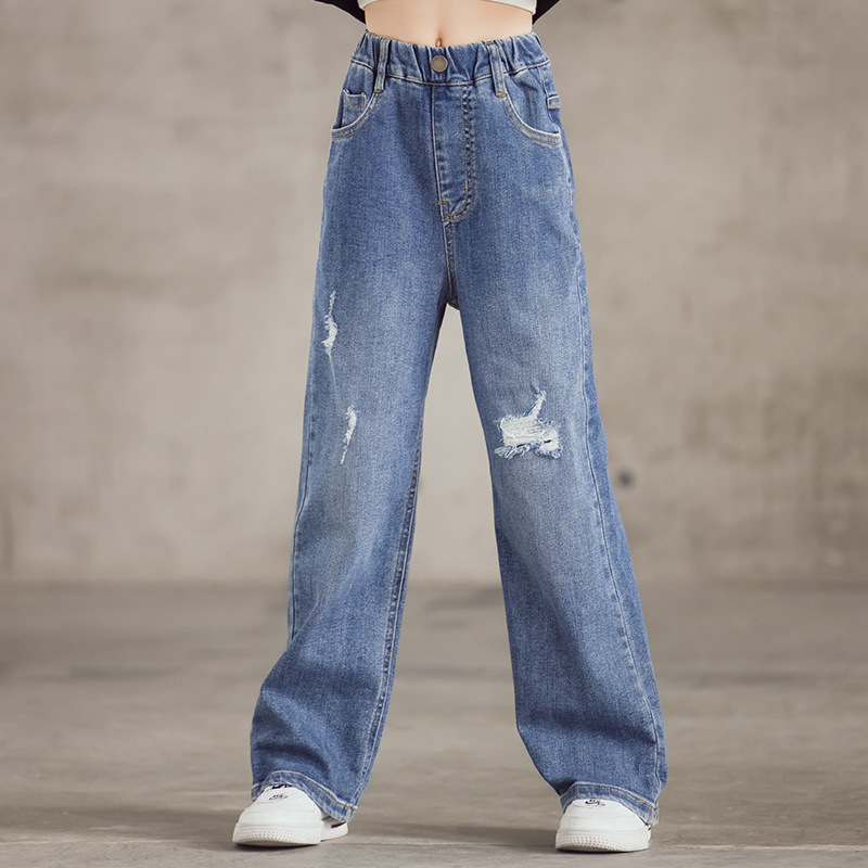 Girls' jeans 2021 Spring Collection, large and medium-sized children's ripped wide-leg pants, loose Hong Kong-style high-waisted straight floor-length pants, children's pants
