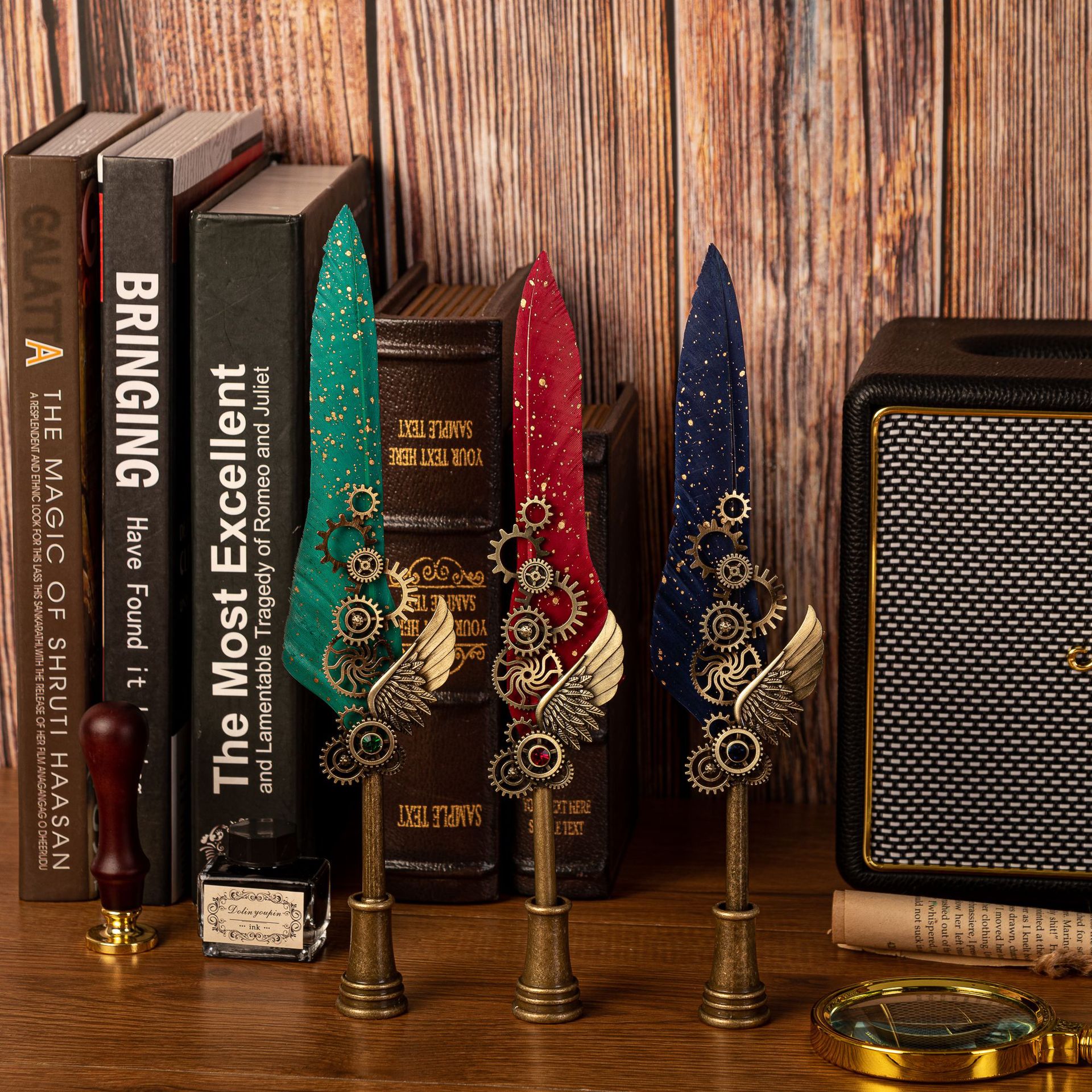 Gold-plated quill pen mechanical quill pen set gear punk style quill pen dip pen wing quill pen set Item Picture