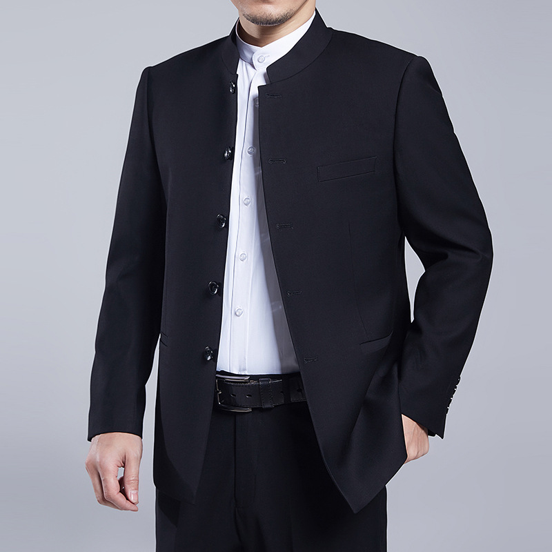 National trend four-season Zhongshan suit set for men, middle-aged and young Chinese stand-up collar suit for groom, Chinese-style formal suit, retro suit, Tang suit details Picture