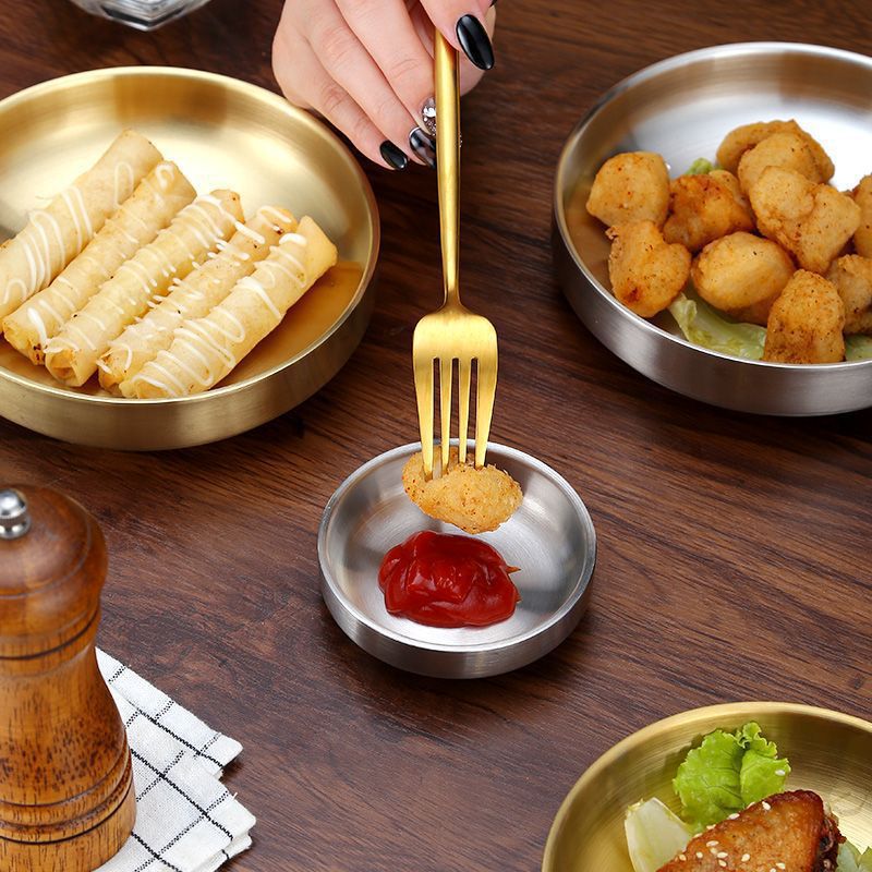 Stainless Steel Double-Layer Korean-Style Saucers, Seasoning Saucers, Dipping Saucers, Golden Kimchi Saucers, Barbecue Restaurant Cold Dish Saucers, Bone Saucers, Flavor Saucers details Picture