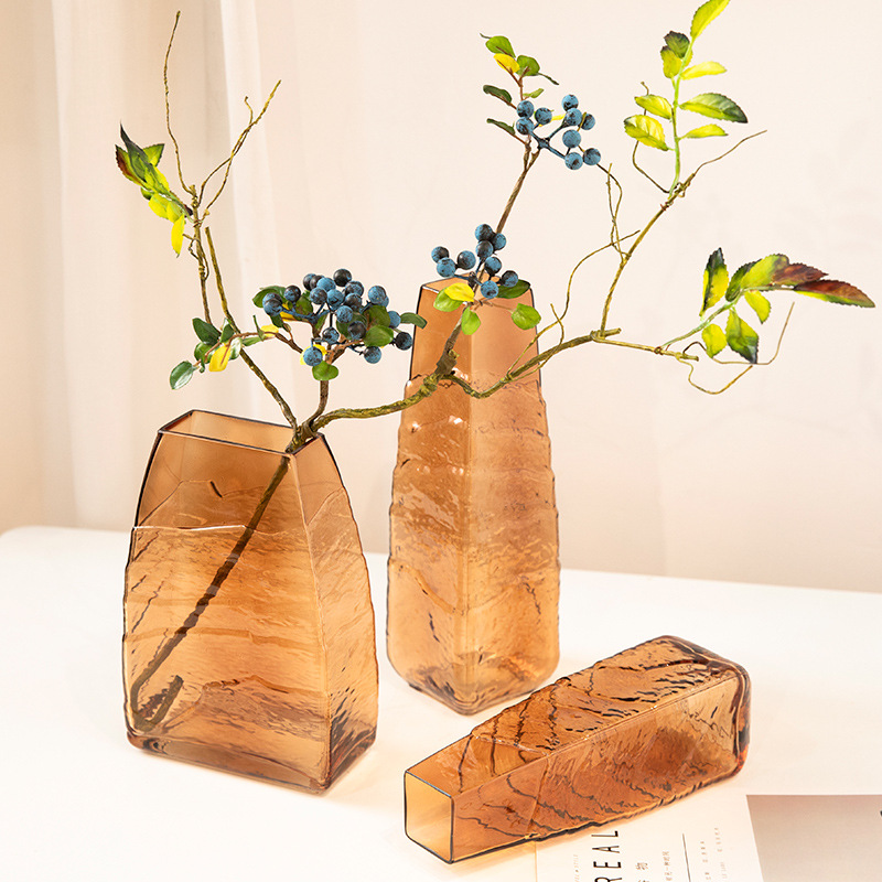 Three irregular flat vases, colorful ornaments, creative home, light luxury living room dining table, transparent glass flower vases