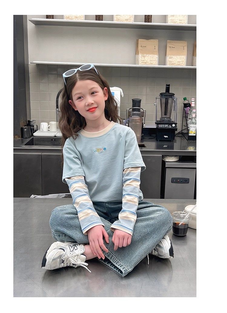 女童假两件上衣洋气t恤儿童网红长袖打底衫中大童装2025新款代发详情9