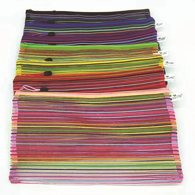 A4 seven-color grid file bag, nylon zipper stationery bag, colorful striped storage bag, mesh bag