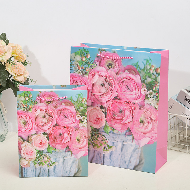 Ladies Pink Rose Gift Bag Tote Bag Paper Bag Clothing Shopping Bag Birthday Gift Return With Hand Gift South America Application Scenario