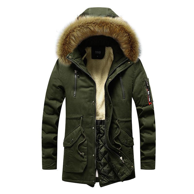 Men's trendy cotton-padded jacket for export, with a woolen collar, thickened fleece, washed coat, winter casual hooded warm cotton-padded jacket, mid-length style Specification image