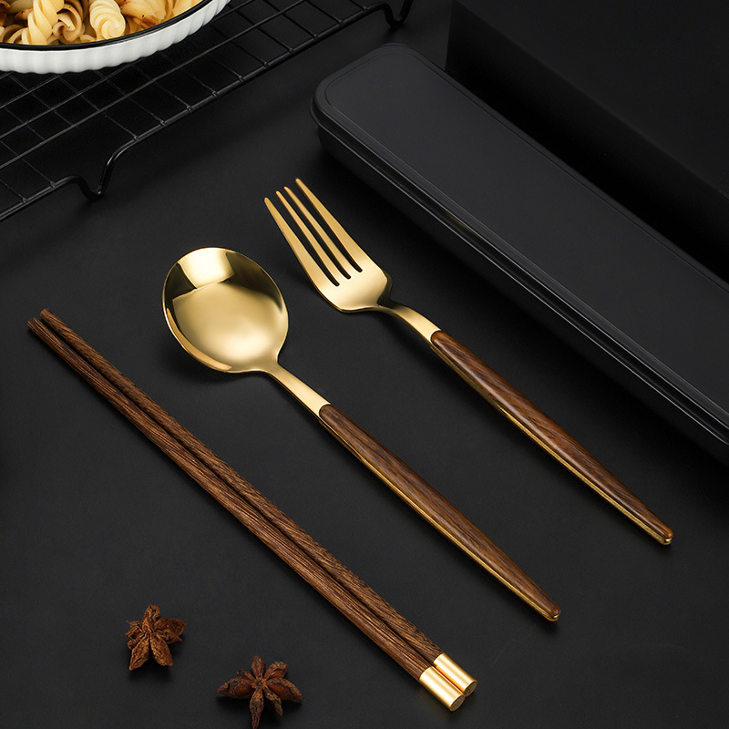 Stainless Steel Portable Tableware Creative Imitation Wood Grain Fork Spoon Chopsticks Portuguese Spoon Fork Chicken Wings Wooden Chopsticks Three-Piece Set Application Scenario