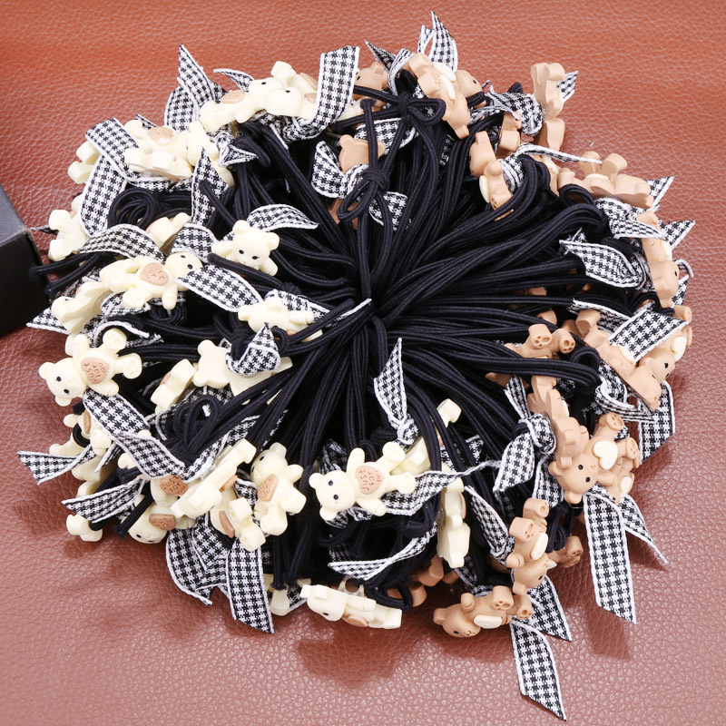 Korean cute little bear rubber band, checkered bow, black hair tie, cartoon head accessory, ponytail hair tie, hair accessory Specification image