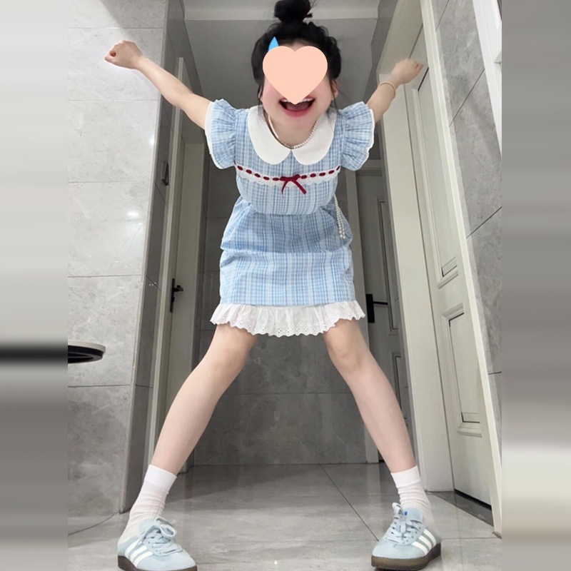 法式娃娃领蓝色小飞袖格子连衣裙子女夏季2025年新款气质公主短裙