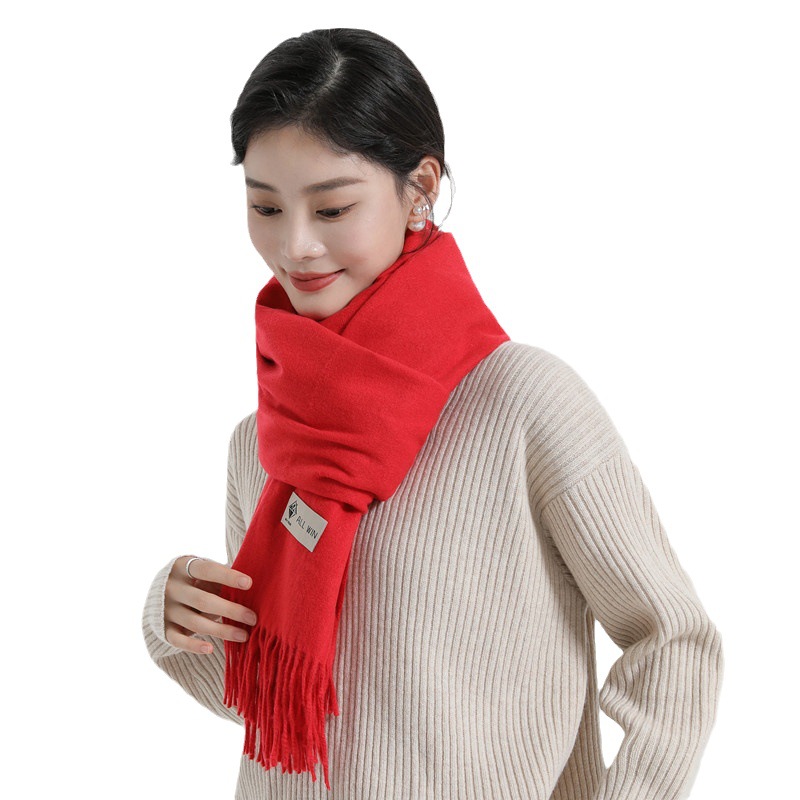 Woolen Scarf Female Autumn Winter Thickened Red Cashmere Scarf Solid Color All-In-One Shawl Red Scarf Wholesale Item Picture