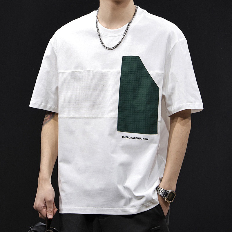 Patchwork trendy brand short-sleeved T-shirt for men's summer 2025 new large-sized high-end clothing, a heavyweight white top T-shirt details Picture