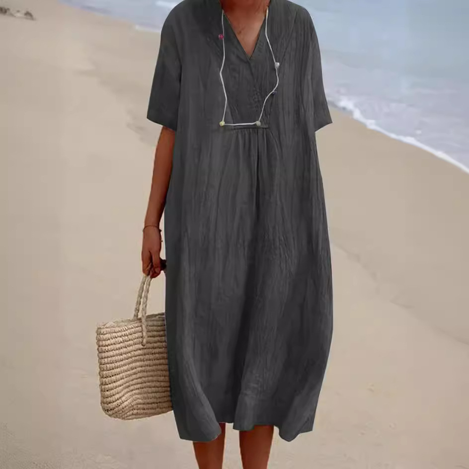 2024 Amazon bestseller cotton and linen women's solid color V-neck fashion dress in stock Application Scenario
