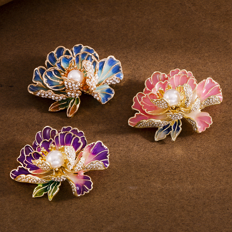 Chinese style enamel peony brooch, cheongsam, brooch, fashionable and elegant, pin, lapel, clothing and accessories Specification image