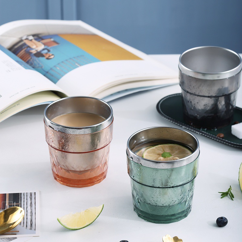 Light luxury creative Northern European crystal transparent stainless steel water cup, tea cup, beverage coffee cup, household leisure heat-insulating cup, single set